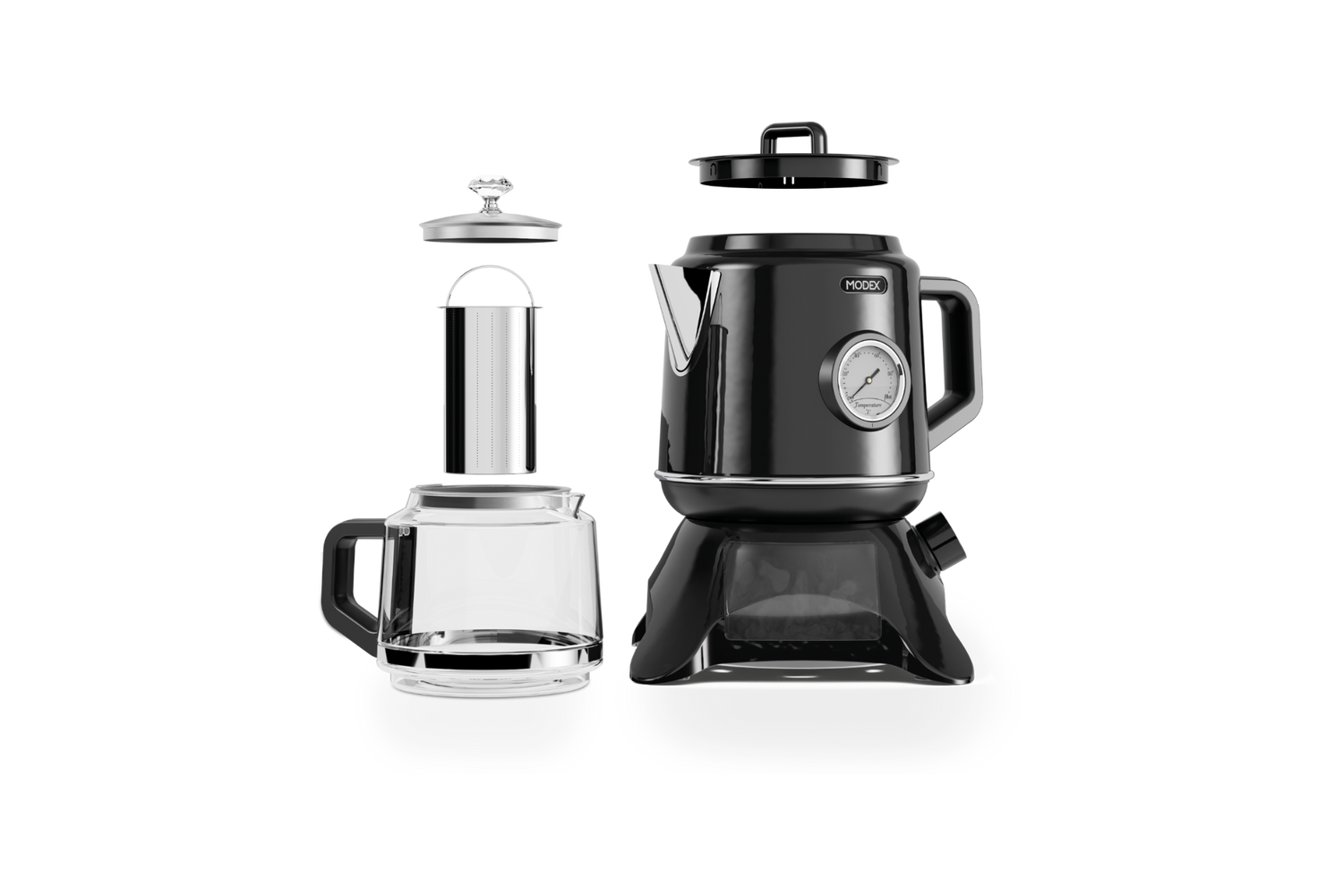 Modex TCS8010 tea maker, elegant black tea maker with glowing base and glass teapot on kitchen counter